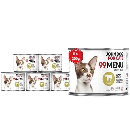 Katzennassfutter ohne Zucker und Getreide - Kalb & Huhn - Katzenfutter Nass mit 99% Fleischanteil - Nassfutter mit 100% frischen Zutaten für ausgewachsene Katzen - John Dog for Cats 99 MENU - 200g x 6 Katzennassfutter ohne Zucker und Getreide - Kalb & Huhn - Katzenfutter Nass mit 99% Fleischanteil - Nassfutter mit 100% frischen Zutaten für ausgewachsene Katzen - John Dog for Cats 99 MENU - 200g x 6 von JOHN DOG
