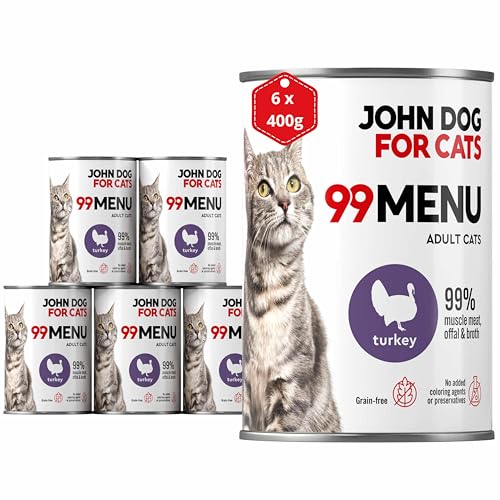 Katzennassfutter ohne Zucker und Getreide - Truthahn & Huhn - Katzenfutter Nass mit 99% Fleischanteil - Nassfutter mit 100% frischen Zutaten für ausgewachsene Katzen -JD for Cats 99 MENU - 400g x 6 Katzennassfutter ohne Zucker und Getreide - Truthahn & Huhn - Katzenfutter Nass mit 99% Fleischanteil - Nassfutter mit 100% frischen Zutaten für ausgewachsene Katzen -JD for Cats 99 MENU - 400g x 6 von JOHN DOG