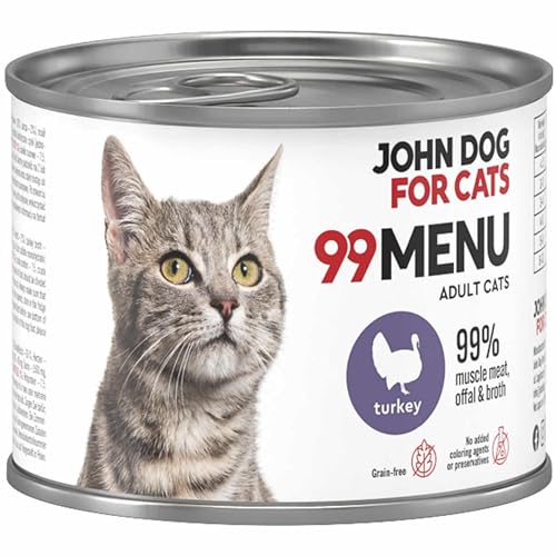 Katzennassfutter ohne Zucker und Getreide - Truthahn & Huhn - Katzenfutter Nass mit 99% Fleischanteil - Nassfutter mit 100% frischen Zutaten für ausgewachsene Katzen - John Dog for Cats 99 MENU - 200g Katzennassfutter ohne Zucker und Getreide - Truthahn & Huhn - Katzenfutter Nass mit 99% Fleischanteil - Nassfutter mit 100% frischen Zutaten für ausgewachsene Katzen - John Dog for Cats 99 MENU - 200g von JOHN DOG
