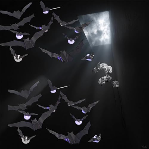 2025 Neu Halloween Deko, LED Fledermaus Deko Leuchten 3D Decoration, Herbst Dekoration Halloween Decorations Indoor Fledermaus Dekoration Aufkleber (24) von JOHNBOLIN