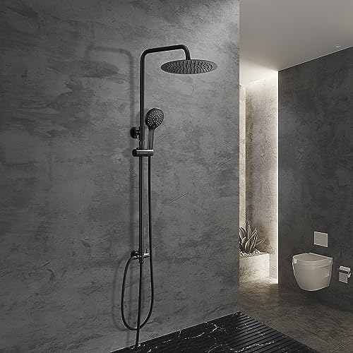 JOHO Regendusche Duschset ohne Armatur, Edelstahl Duschsystem mit Duschstange, Kopfbrause D20cm Schwarz von JOHO