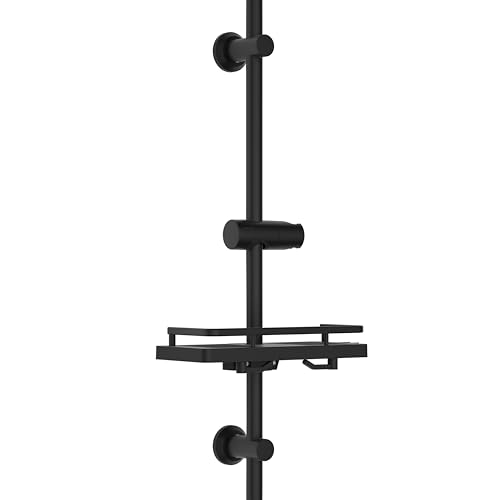 JOHO Edelstahl Duschstange 70cm mit Duschkopfhalter und XXL Seifenhalter/Duschablage, Variable Bohrlöcher 30-65cm, Wandstange Brausestange mit Handbrausenhalterung, Duschsystem Zubehör Schwarz von JOHO