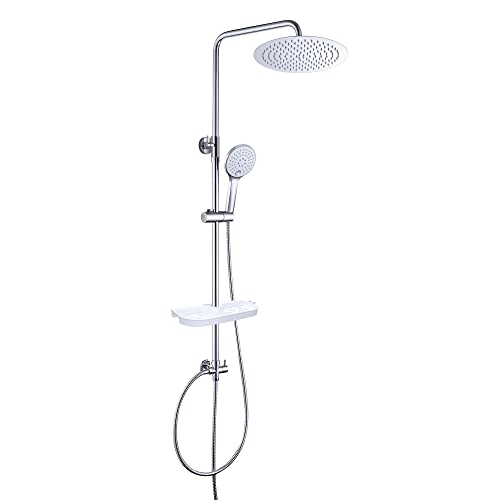 JOHO Regendusche Duschsystem ohne Armatur, Rain Shower Duschset Überkopfbrauseset aus Edelstahl mit Ablage Chrom(Kopfbrause D20 Rund) von JOHO