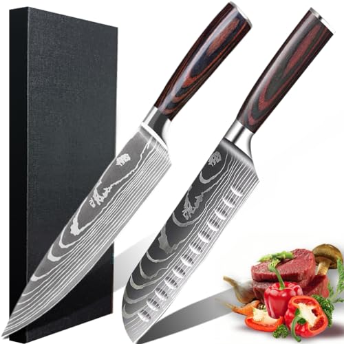 JOHOOBO 2 Stücke Kochmesser Set, Küchenmesser,Santoku Messer, Profi Scharfe Deutschem Edelstahl Küchenmesser mit Ergonomischem Pakkawood Griffen von JOHOOBO