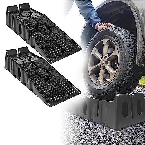 JOIEYOU 2 Stück Auffahrrampe PKW Kunststoff Auffahrkeile Set KFZ Rampe Laderampe bis 2.5 Tonnen KFZ-Auffahrt Plattform Hebebühne mit Überfahrschutz Hebeplattform Auffahrschiene Verladerampe von JOIEYOU