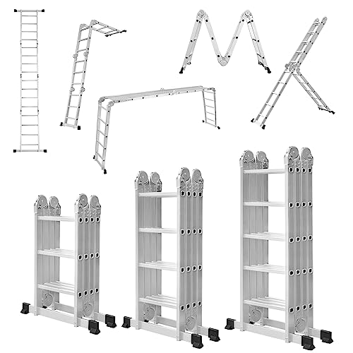 JOIEYOU Aluminium Leiter Gerüst, Klappleiter, 6 in1 Multifunktionsleiter, Ausziehbare Stehleiter Gelenkleiter, 4.7M, 4x4 Sprossen von JOIEYOU