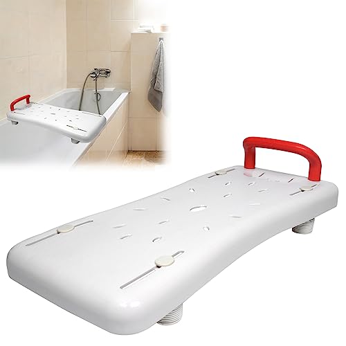 JOIEYOU Badewannenbrett Weiß Kunststoff Badewannensitz 70x31cm mit Rot Griff Einstellbar Einbaubreite 41-63cm Sitzbrett für Senioren Behinderte Schwangere belastbar bis 150 kg von JOIEYOU