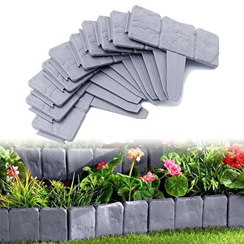 JOIEYOU Beeteinfassung Rasenkante, Kunstoff Steinoptik Raseneinfassung 5 M, Flexibler PP Beetumrandungen für Blumen, Gartenzaun decorativ, L 25 x H 23 cm, 20 Stücke, Grau von JOIEYOU