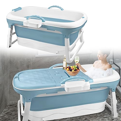 JOIEYOU Faltbare Badewanne Erwachsene, L Foldable Bathtub Mobile Tragbare Badewanne Sitzbadewanne, Klappbadewanne mit Abnehmbare Abdeckung und Badewannenablage, Blau (112 x 62 x 53 cm) von JOIEYOU