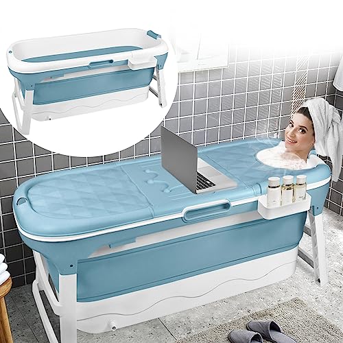 JOIEYOU Faltbare Badewanne Erwachsene, XXL Foldable Bathtub Mobile Tragbare Badewanne Sitzbadewanne, Klappbadewanne mit Abnehmbare Abdeckung und Badewannenablage, Blau (148 x 62 x 53 cm) von JOIEYOU