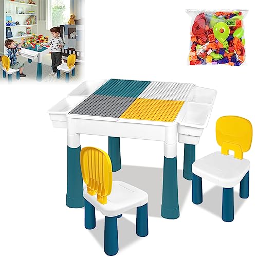 JOIEYOU Kindertisch Aktivitätstisch Set mit 2 stühlen und 163 Stück Bausteine doppelseitiger Tischplatte Multifunktionaler Bausteintisch Kinderspieltisch Schreibtisch(TYP A) von JOIEYOU