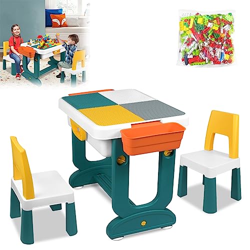 JOIEYOU Kindertisch Aktivitätstisch Set mit 2 stühlen und 300 Stück Bausteine doppelseitiger Tischplatte Multifunktionaler Bausteintisch Kinderspieltisch Schreibtisch(TYP B) von JOIEYOU