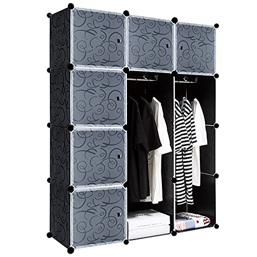 JOIEYOU Kleiderschrank, Wardrobe aus Kunststoff, DIY Garderobenschrank 12 Würfel, Regalsystem Schlafzimmerschrank – Schwarz, 105 x 35 x 140 cm von JOIEYOU