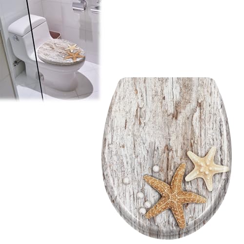 JOIEYOU Toilettensitz WC-Sitz aus Hartplastik Universal Toilettendeckel mit Absenkautomatik für alle handelsüblichen WC-Becken Perlenseesterne von JOIEYOU