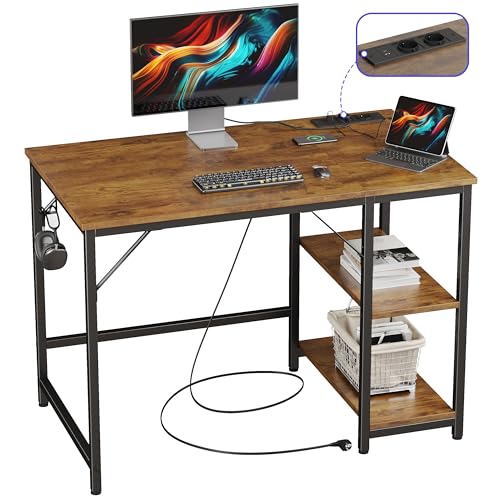 JOISCOPE Ergonomischer Home-Office Schreibtisch mit USB & Type-C Anschluss, 100x60 cm, Eiche Vintage Optik, Multifunktionaler Computertisch für Gaming und Studium, mit Regal von JOISCOPE