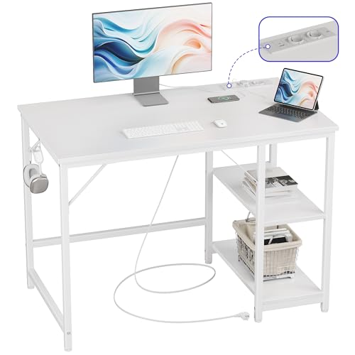 JOISCOPE Ergonomischer Home-Office Schreibtisch mit USB & Type-C Anschluss, 100x60 cm, Weiß Optik, Multifunktionaler Computertisch für Gaming und Studium, mit Regal von JOISCOPE