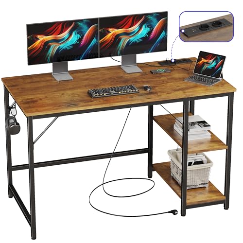 JOISCOPE Ergonomischer Home-Office Schreibtisch mit USB & Type-C Anschluss, 120x60 cm, Eiche Vintage Optik, Multifunktionaler Computertisch für Gaming und Studium, mit Regal von JOISCOPE