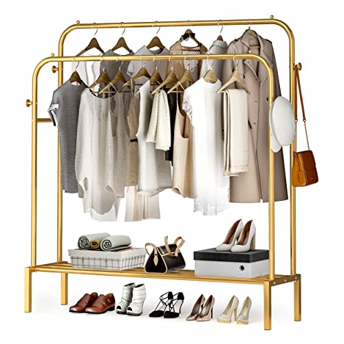 JOISCOPE Metall Kleiderstangen, 125,5 * 164cm Kleiderstangen für Schlafzimmer mit 2 Schienen zum Aufhängen von Kleidung, Schuhe und Kleidung Lagerung, Gold von JOISCOPE