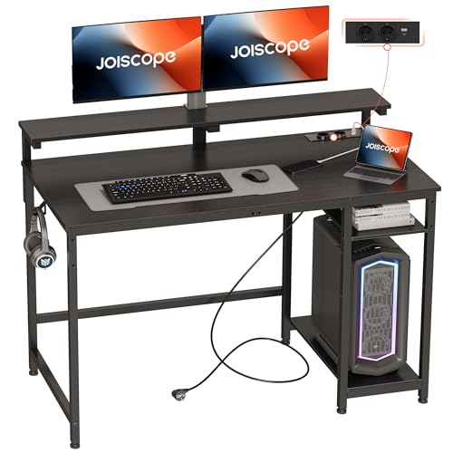 JOISCOPE Schreibtische mit Type-C und USB, Computertisch mit Monitorständer und Umkehrbarer Ablagefläche, Gaming Tisch mit Kopfhörerhaken, Geeignet zum Lernen, Arbeiten und Spielen, 120 cm, Schwarz von JOISCOPE
