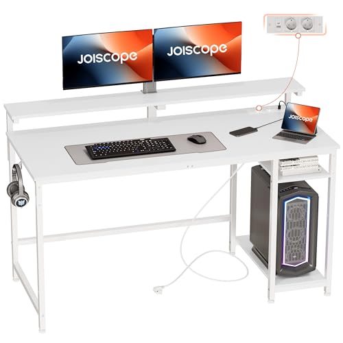 JOISCOPE Schreibtische mit Type-C und USB, Computertisch mit Monitorständer und Umkehrbarer Ablagefläche, Gaming Tisch mit Kopfhörerhaken, Geeignet zum Lernen, Arbeiten und Spielen, 140 cm, Weiß von JOISCOPE