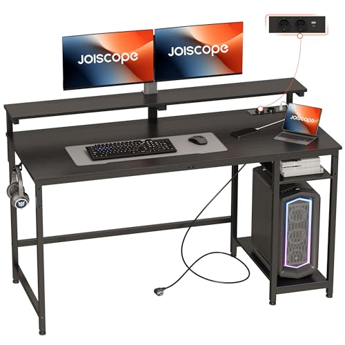 JOISCOPE Schreibtische mit Type-C und USB, Computertisch mit Monitorständer und Umkehrbarer Ablagefläche, Gaming Tisch mit Kopfhörerhaken, Geeignet zum Lernen, Arbeiten und Spielen, 140 cm, Schwarz von JOISCOPE