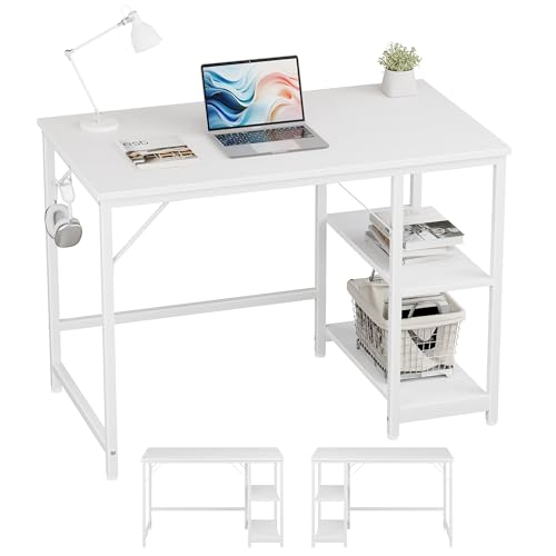 JOISCOPE Schreibtisch, Computertisch, Schreibtisch, Arbeitstisch, Gaming-Schreibtisch mit Kopfhörerhaken, 2 Regale, 100x60cm, weißer Tisch von JOISCOPE