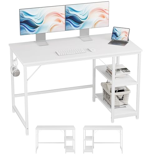 JOISCOPE Schreibtisch, Computertisch, Schreibtisch, Arbeitstisch, Gaming-Schreibtisch mit Kopfhörerhaken, 2 Regale, 120x60cm, weißer Tisch von JOISCOPE