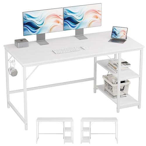JOISCOPE Schreibtisch, Computertisch, Schreibtisch, Arbeitstisch, Gaming-Schreibtisch mit Kopfhörerhaken, 2 Regale, 140x60cm, weißer Tisch von JOISCOPE