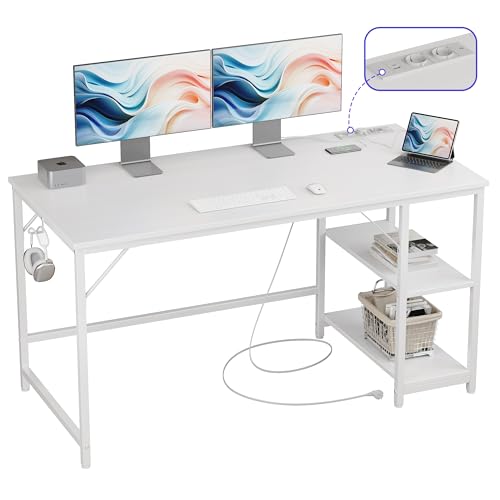 JOISCOPE Ergonomischer Home-Office Schreibtisch mit USB & Type-C Anschluss, 140x60 cm, Weiß Optik, Multifunktionaler Computertisch für Gaming und Studium, mit Regal von JOISCOPE