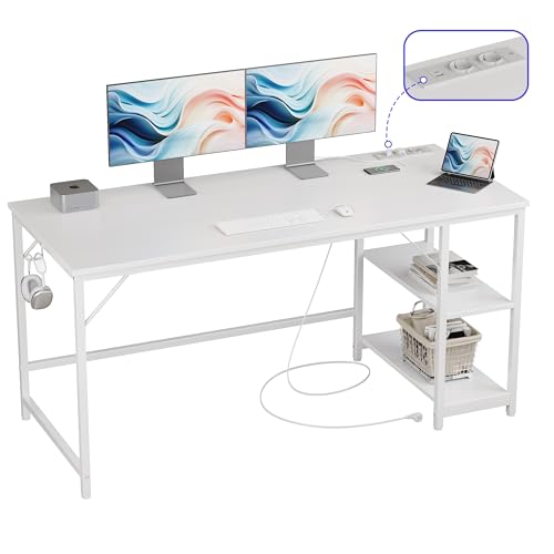 JOISCOPE Ergonomischer Home-Office Schreibtisch mit USB & Type-C Anschluss, 152x60 cm, Weiß Optik, Multifunktionaler Computertisch für Gaming und Studium, mit Regal von JOISCOPE