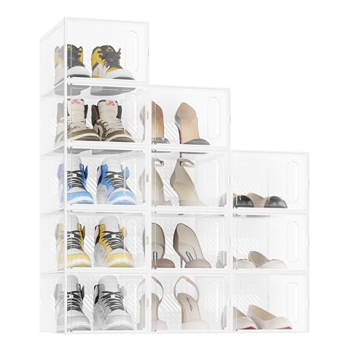 JOISCOPE Schuhaufbewahrungsboxen, 12 Stück durchsichtige & stapelbare Kunststoff-Schuhboxen mit magnetischer Tür, Trainer-Aufbewahrung mit Deckel für Damen/Herren, Transparentes Weiß von JOISCOPE