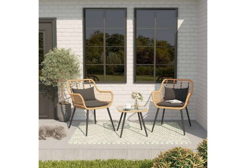 JOIVI Balkonset Bistro-Set, Gartenmöbel-Set, Balkonmöbel-Set für 2 Personen, (aus handgewebten Rattan, Beistelltisch mit Glastischplatte), 2er Korbsessel für Balkon, Garten Beige Rattan & Schwarz Kissen von JOIVI