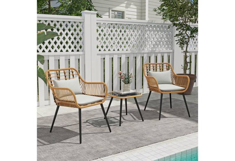 JOIVI Balkonset Bistro-Set, Gartenmöbel-Set, Balkonmöbel-Set für 2 Personen, (aus handgewebten Rattan, Beistelltisch mit Glastischplatte), 2er Korbsessel für Balkon, Garten Beige Rattan & Weiß Kissen von JOIVI