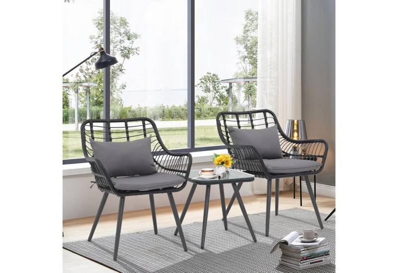 JOIVI Balkonset Bistro-Set, Gartenmöbel-Set, Balkonmöbel-Set für 2 Personen, (aus handgewebten Rattan, Beistelltisch mit Glastischplatte), 2 Stühle + 1 Beistelltisch von JOIVI