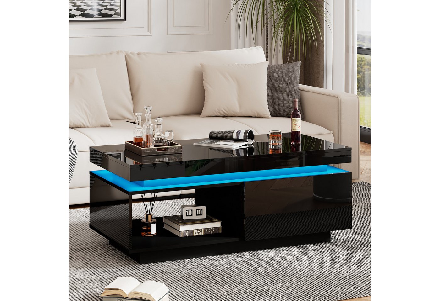 JOIVI Couchtisch JOIVI Hochglanz Couchtisch 100 x 50 x 40.3 cm (50 kg Tragkraft, mit LED-Beleuchtung), 100 x 50 x 40.3 cm Schwarz von JOIVI
