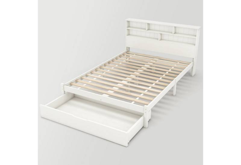 JOIVI Massivholzbett Bettgestell, Holzbett mit Bücherregal, Futonbett (Weiß, Bett mit Schubladen und Lattenrost), Bücherregal Jugendliche und Erwachsene Kinderbett von JOIVI