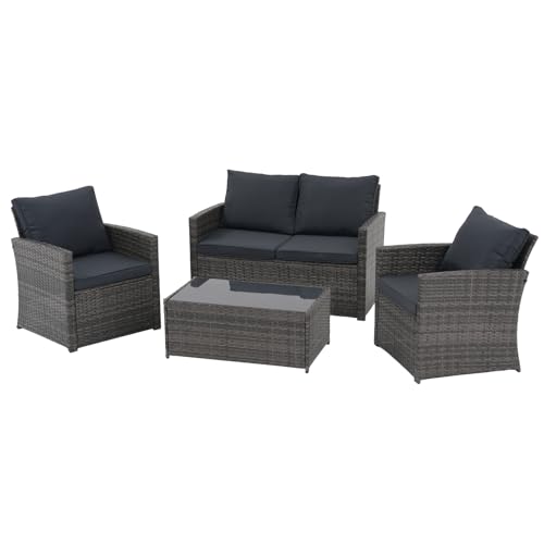 JOIVI Terrassenmöbel-Set, Allwetter-Terrassen-Gesprächsset, 4-teiliges PE-Rattan-Geflecht, kleines Sektional-Sofa-Set mit Couchtisch aus gehärtetem Glas, Dunkelgrau von JOIVI