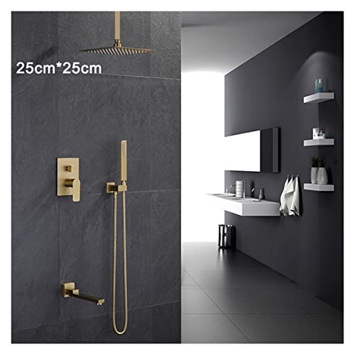 Badezimmer Dusche Set gebürstet Gold Square Rainfall Dusche Wasserhahn Wand- oder Deckenwandmontierte Duschmischer 8-12 "Duschkopf(3 function 10 inch C) von JOJIDE