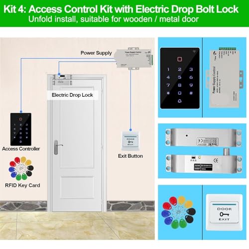 Magnetisches Türschloss Türzugangskontrollsystem-Kit, wasserdichter RFID-Tastatur-Zugangscontroller, 180 kg elektrische Magnetschlösser for Privatanwender(Kit4 (Bolt Lock)) von JOJIDE