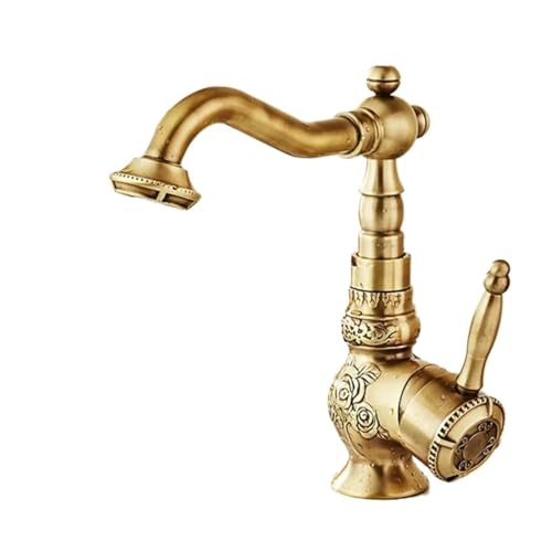 Wasserhahn Küche, Antiker Messing-Badezimmer-Wasserhahn, Waschbecken-Retro-Klassiker-Küchen-Mischbatterien, schnitzender, drehbarer Einhand-Waschbecken-Wasserhahn(SLT0681S) von JOJIDE