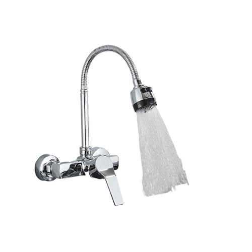 Wasserhahn Küche, Chrom-Wandmontierter Zweiloch-Küchenarmatur, bleifreier Heiß-/Kaltwasser-Mischhahn, Stream-Spray-Bubbler, 360-Grad-Drehung, flexibles Rohr(Chrome) von JOJIDE