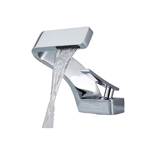 Wasserhahn Küche, Chrom-weißer Waschbecken-Wasserhahn, an Deck montierter Wasserfall-Waschbecken-Mischbatterie, Einhebelmischer for heißes und kaltes Wasser(Chrome) von JOJIDE