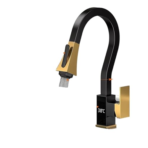 Wasserhahn Küche, Küchenarmatur mit Digitalanzeige, gebürstet, 4 Funktionen, Einhebelmischer, herausziehbare Küchenspüle, Warm- und Kaltwasserhähne(Black Gold 4 Ways) von JOJIDE