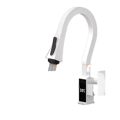 Wasserhahn Küche, Küchenarmatur mit Digitalanzeige, gebürstet, 4 Funktionen, Einhebelmischer, herausziehbare Küchenspüle, Warm- und Kaltwasserhähne(White 4 Ways) von JOJIDE