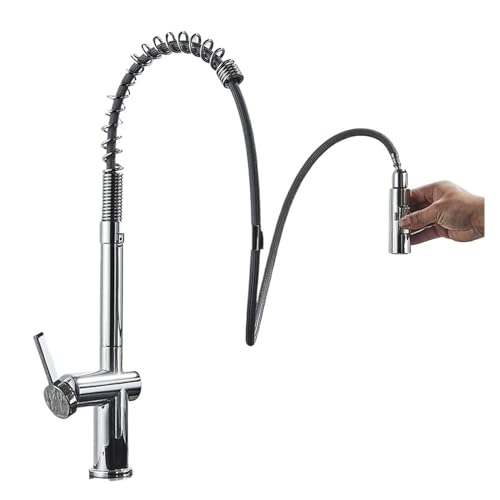 Wasserhahn Küche, Küchenarmaturen, Bürsten-Messingarmaturen for Küchenspüle, Einhebelmischer mit herausziehbarem Federauslauf, Wasserhahn for heißes und kaltes Wasser(Chrome) von JOJIDE
