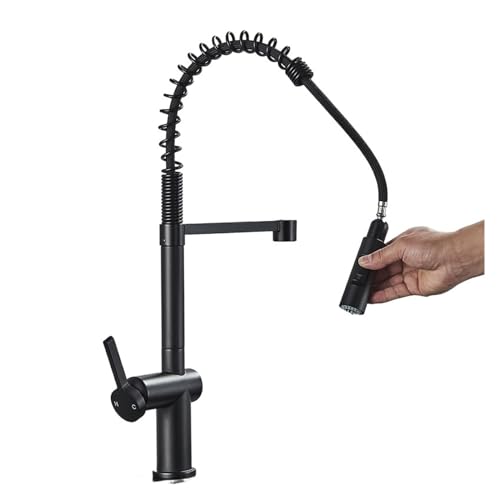 Wasserhahn Küche, Küchenarmaturen, Bürsten-Messingarmaturen for Küchenspüle, Einhebelmischer mit herausziehbarem Federauslauf, Wasserhahn for heißes und kaltes Wasser(Matte Black) von JOJIDE