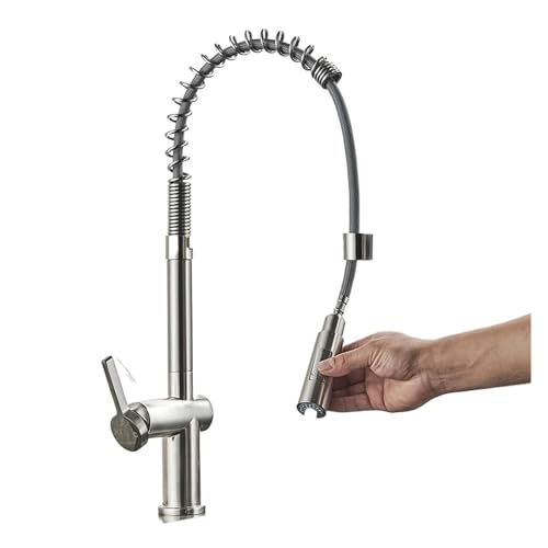 Wasserhahn Küche, Küchenarmaturen, Bürsten-Messingarmaturen for Küchenspüle, Einhebelmischer mit herausziehbarem Federauslauf, Wasserhahn for heißes und kaltes Wasser(Nickel) von JOJIDE