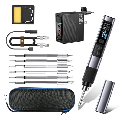 HS-02A 100W Tragbares Lötkolben-Set, Smart Digital Mini Lötkolben, DC/PD Lötkolben Stift Werkzeug mit 6 Lötspitzen, 100-450°C schnelles Aufheizen von JOJOCY