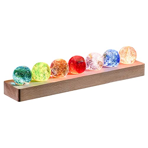 JOJOCY 7 bunte Glaskristallkugeln mit LED-Licht, Holzständer natürliche Kristall-Quarz-Heilkugeln Nachtlicht-Dekoration von JOJOCY