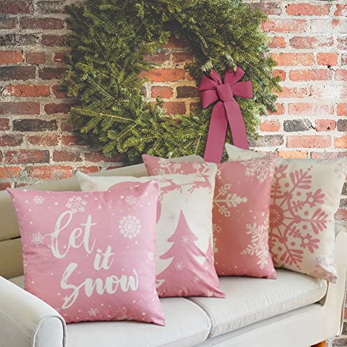 JOJOGOGO Rosa Weihnachten Kissenbezüge 20x20 4er Set, Rosa Schneeflocke Let It Snow Dekorative Wurfkissen 20x20, Rosa Weihnachtsdekorationen für Baum Couch Bettwäsche und Wohnzimmer von JOJOGOGO